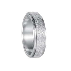 Detail of rotating spinner ring with matte frosted finish and polished silver edges