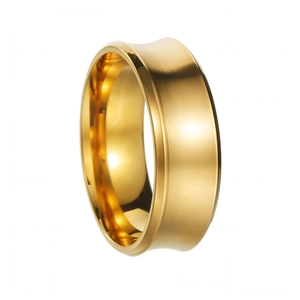 Modern 8mm golden stainless steel ring featuring a concave brushed finish and polished edges