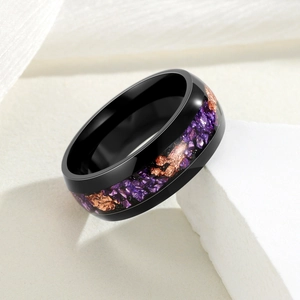 Men's black titanium steel ring with inlaid purple amethyst and gold foil flakes