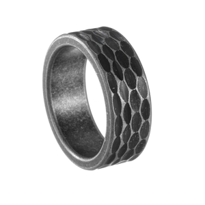 Vintage hammered texture mens stainless steel ring with black honeycomb finish and matte edge