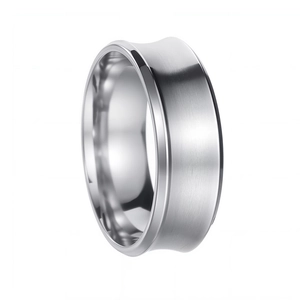 Close-up of 8mm men's stainless steel ring with brushed finish and concave U-shaped design