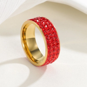 Golden wide band ring with four rows of red rhinestones and glossy red enamel finish