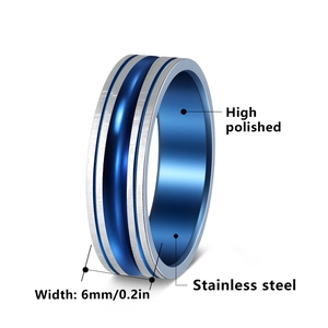 Détail d'une bague de 6mm en acier inoxydable bicolore avec rainure bleue et bord brossé