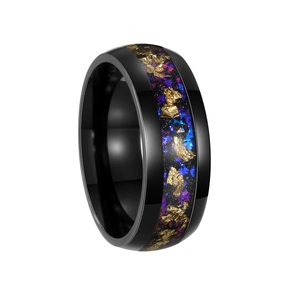 Men's black titanium ring inlaid with amethyst and gold foil in a polished finish