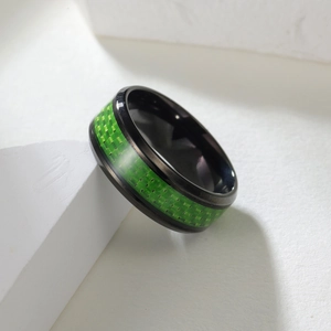 8mm black titanium men's ring with green carbon fiber inlay and beveled edges