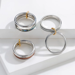 Vintage Stainless Steel Stackable Ring Women Geometric Titanium Steel Shell Wood Inlay Fashion Band Jewelry Gift