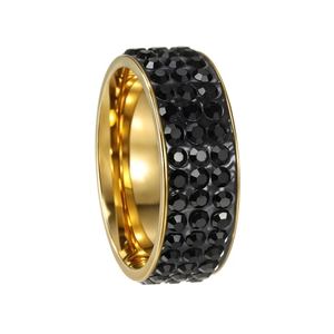 Detailed macro view of gold-tone titanium ring with three rows of black crystal pavé stones