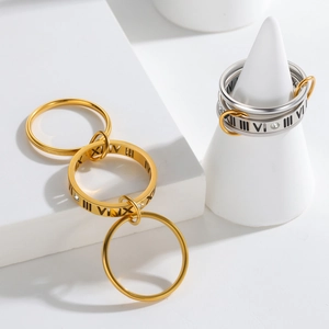 Women Titanium Steel Roman Numeral Nested Ring Rhinestone Gold Silver Plated Geometric Stackable Fashion Finger Ring Jewelry