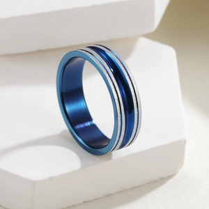 Bague en Acier Titane Bicolore à Rainures pour Hommes Femmes Bleu Argent Brossé Poli Confort Fit Bijoux Minimalistes de Mode