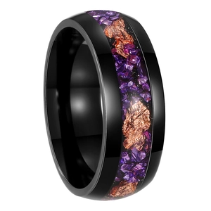 Titanium Steel Ring For Men Unisex Black Band Inlaid Amethyst Gold Foil Starry Sky Design Rhinestone Geometric Jewelry Ring
