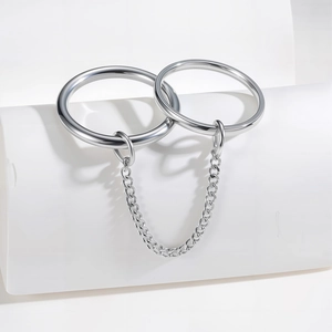 Minimalist silver titanium steel double rings connected by a polished thin metal chain