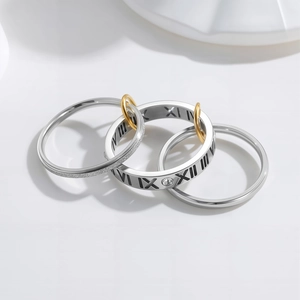 Stackable titanium steel Roman numeral ring with small diamond and frosted texture