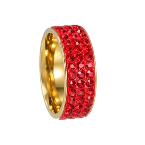 Golden titanium steel ring with three rows of red crystals in a wide band design