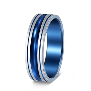Bague pour homme en acier inoxydable bicolore bleu et argent brossé avec rainures
