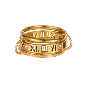 Three-piece stackable gold titanium steel rings with Roman numerals and crystals