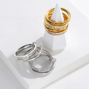 Luxury Stainless Steel Multi Layer Stacked Rings For Women Inlaid Rhinestone Geometric Finger Ring Western Fashion Jewelry
