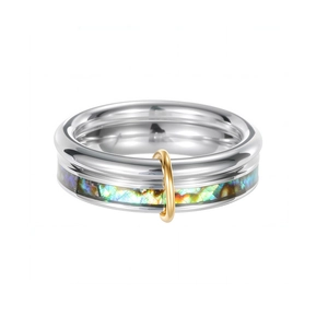 Silver wide stainless steel ring with colorful opal inlay and a gold ring charm detail