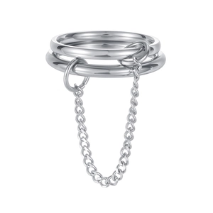 Macro view of minimalist silver titanium steel chain ring with polished layered design