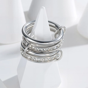 Four-layer stacked titanium steel ring with square-cut cubic zirconia and silver finish