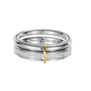 Dual-layer stainless steel ring set with textured band and gold connecting loop