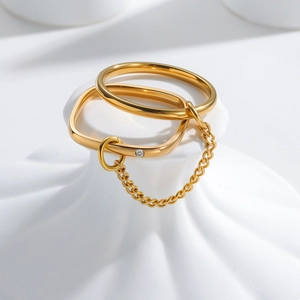 Minimalist gold plated stainless steel chain tassel ring set with sparkling zircon stone