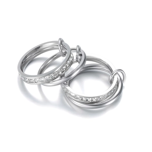 Elegant four-layer stacked titanium steel ring with sparkling pavé-set crystals in silver