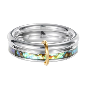 Chic silver stainless steel wide band ring with colorful abalone inlay and gold loop accent