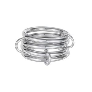 Close-up of a five-layer silver multi-band linked ring in polished stainless steel