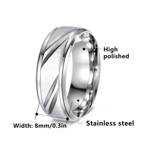 8mm brushed stainless steel ring for men with three diagonal grooves and polished edges