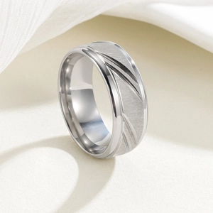 Men's 8mm silver titanium steel ring with matte finish and triple diagonal grooves