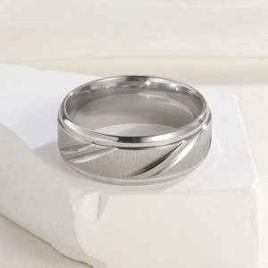 Modern 8mm silver titanium steel men's ring with brushed texture and diagonal grooves