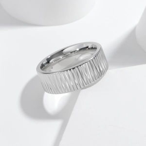 8mm stainless steel ring with vertical textured design and polished silver finish