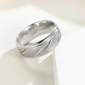 Modern 8mm silver titanium steel ring with brushed finish and diagonal grooved lines
