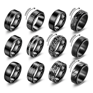 Set of 12 black stainless steel rings for men featuring rotatable punk design and textured bands