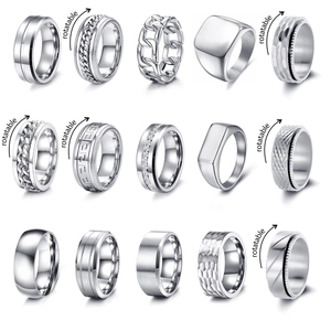 Stainless Steel Men Ring Set Hip Hop Rotatable Stress Relief Rings Geometric Square Signet Rhinestone Finger Rings Fashion Jewelry