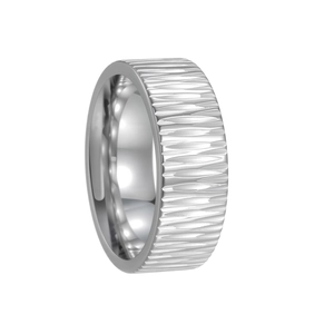 Detail of 8mm silver stainless steel ring with vertical textures and polished inner band