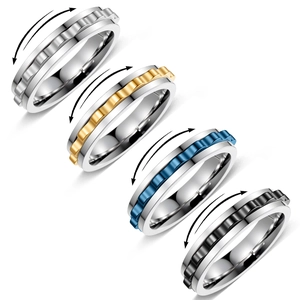 6mm rotating gear stress relief ring set in silver, gold, blue, and black stainless steel