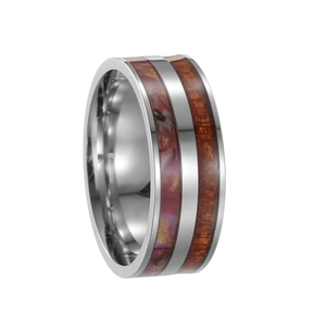Bague pour homme en acier titane avec incrustations en bois de noyer et nacre d'abalone