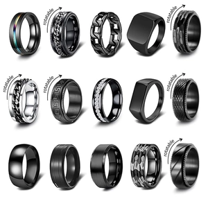 15-piece black titanium fidget ring set for men featuring rotatable chains and matte finish
