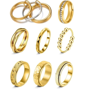 Stainless Steel Rotatable Star Moon Fidget Ring Set For Anxiety Relief Gold Plated Rhinestone Couple Rings Fashion Jewelry