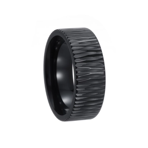 Macro shot of 8mm matte black ring with textured vertical grooves in 304 stainless steel