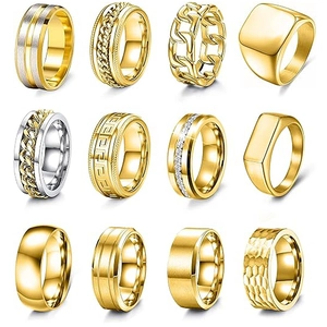 Macro shot of 12-piece men's titanium steel rings set in gold and silver finish