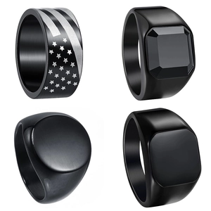 Set of four men's black stainless steel hip-hop rings including American flag and gemstone styles