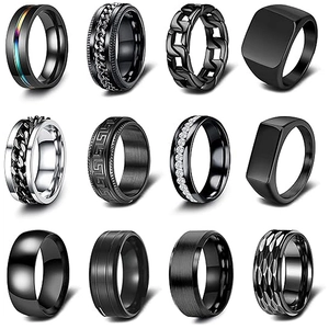 12pcs men's titanium steel ring set with chain spinner and matte black signet designs