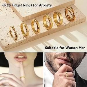 6PCS gold fidget ring set for anxiety featuring spinning beads and hammered textures
