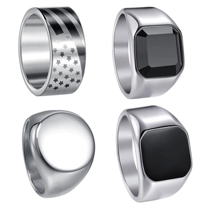 Set of 4 men's stainless steel hip hop rings including American flag and black gemstone