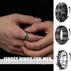 Titanium steel fidget spinner rings for men featuring chain and classic motifs in black and silver