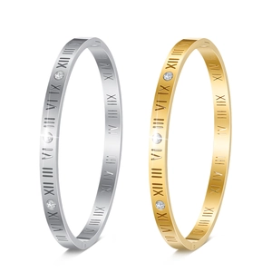 Bracciale Rigido Moderno in Acciaio Inossidabile per Donna Numeri Romani Design Svuotato Intarsio di Strass Oro Argento Gioielli Moda