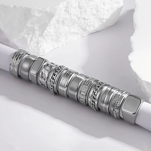 Men's silver titanium steel ring set with square signet and hammered textures