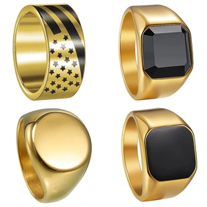 Men Hip Hop 304 Stainless Steel Ring Set Vintage Stars Stripes Pattern Black Rhinestone Signet Geometric Finger Ring Jewelry